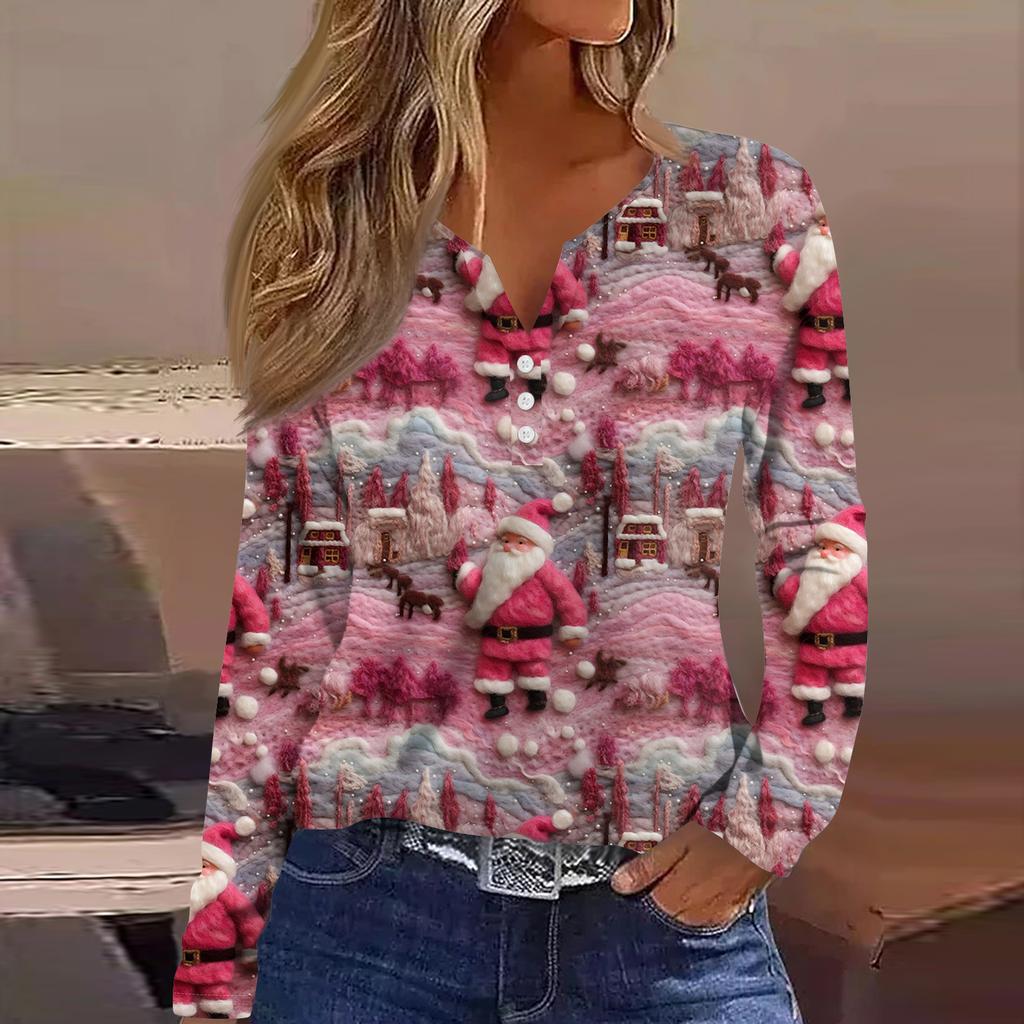 Женская модная повседневная футболка с V-образным вырезом, на пуговицах, с длинным рукавом, с рождественским принтом