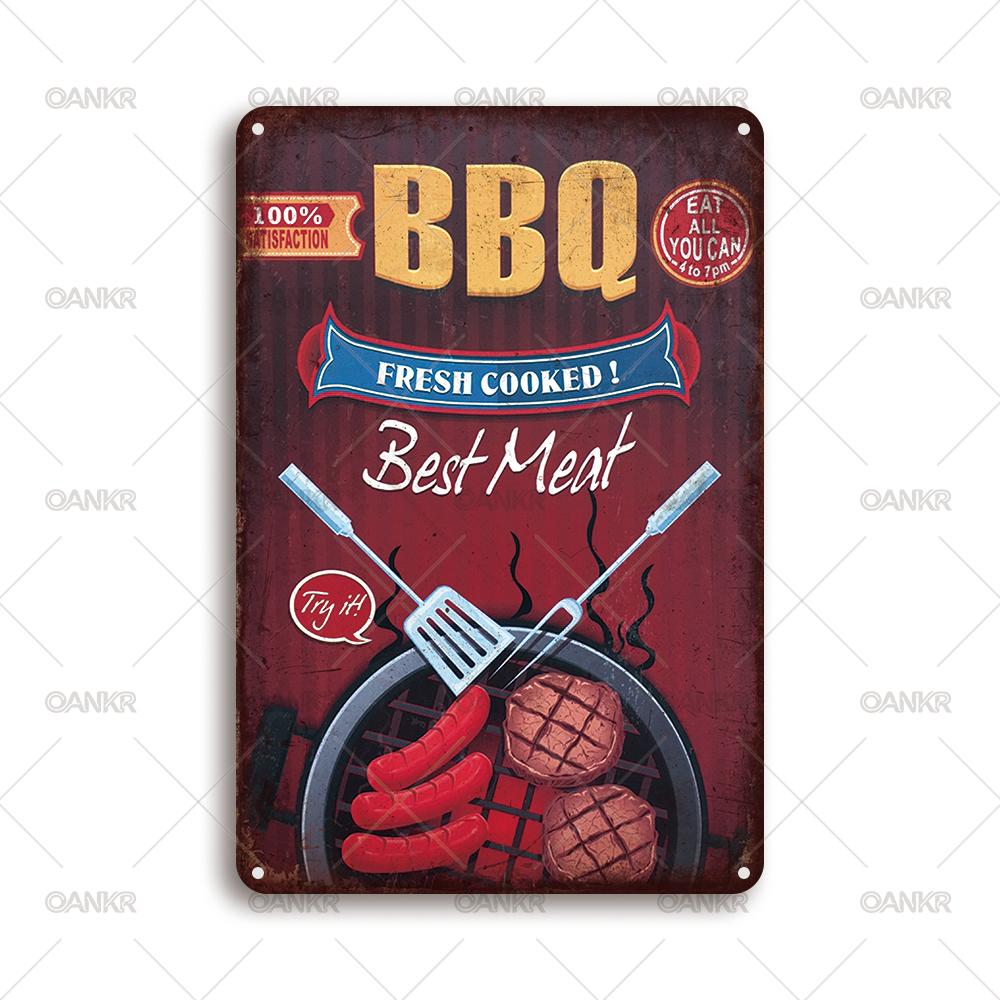 Vintage Art Food Poster Metal Tin Sign Bbq Fresh Cooked Best Meat Metal Signs for Pub Bar Restaurant Wall Decor Plaque