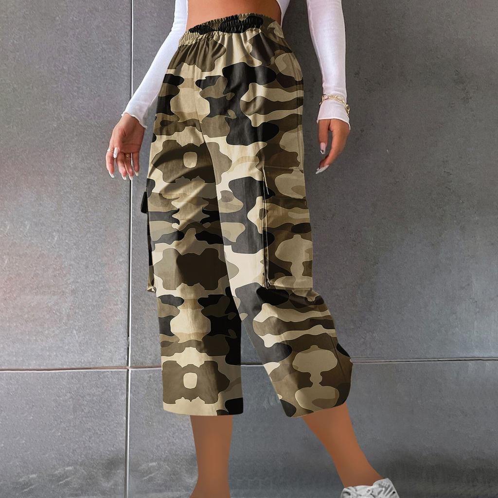 Женские повседневные рабочие брюки с эластичным поясом и укороченными брюками с камуфляжным принтом