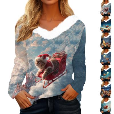 Женский рождественский топ с принтом, длинными рукавами, для вечеринки, с плюшевой отделкой на шее, с V-образным вырезом