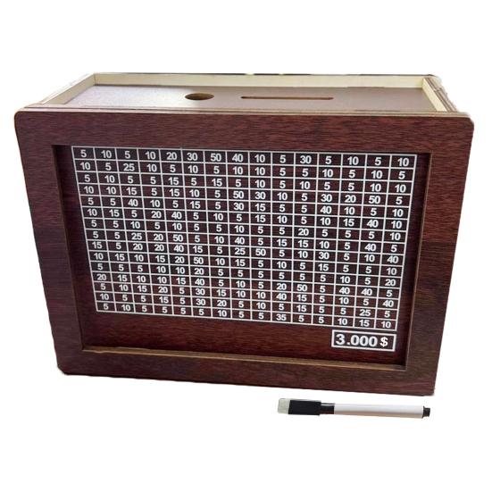 Wooden Money Box with Counter Marker Pen 1000/3000/10000 USD Piggy Bank Coin Cash Container Kids Adults Money Saving Challenge Case Jar
