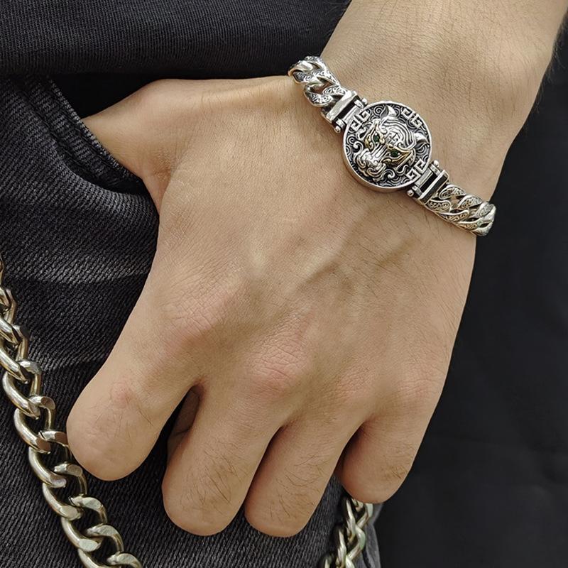 China-Chic Silver Tiger Head Bracelet Retro Punk Style Dominant Zodiac Tiger Rattan Grass Pattern Bracelet Male Jewelry