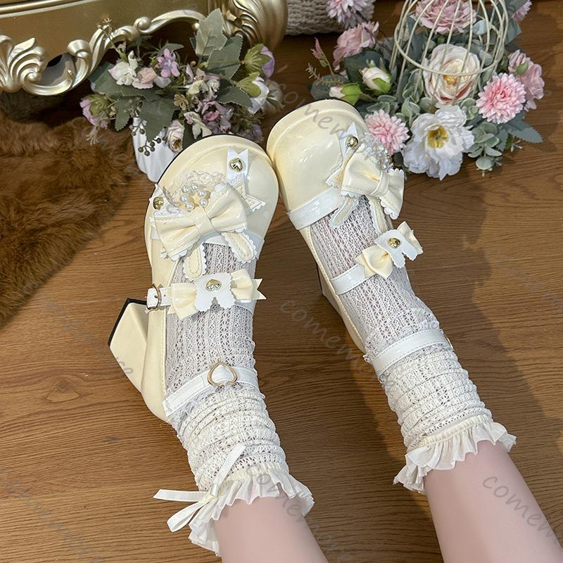 Fashion Comemore Round Toe Sweet Girls Lolita Butterfly Knot High Heels Princess Style Bow Pearl Pumps Ankle Buckle Heeled Single Shoes