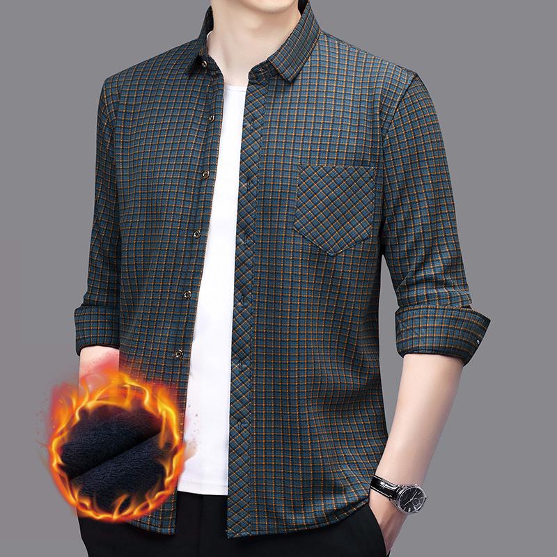 Men's Plus Velvet Plaid Long Sleeve Thick Warm Shirt Cardigan for Autumn and Winter