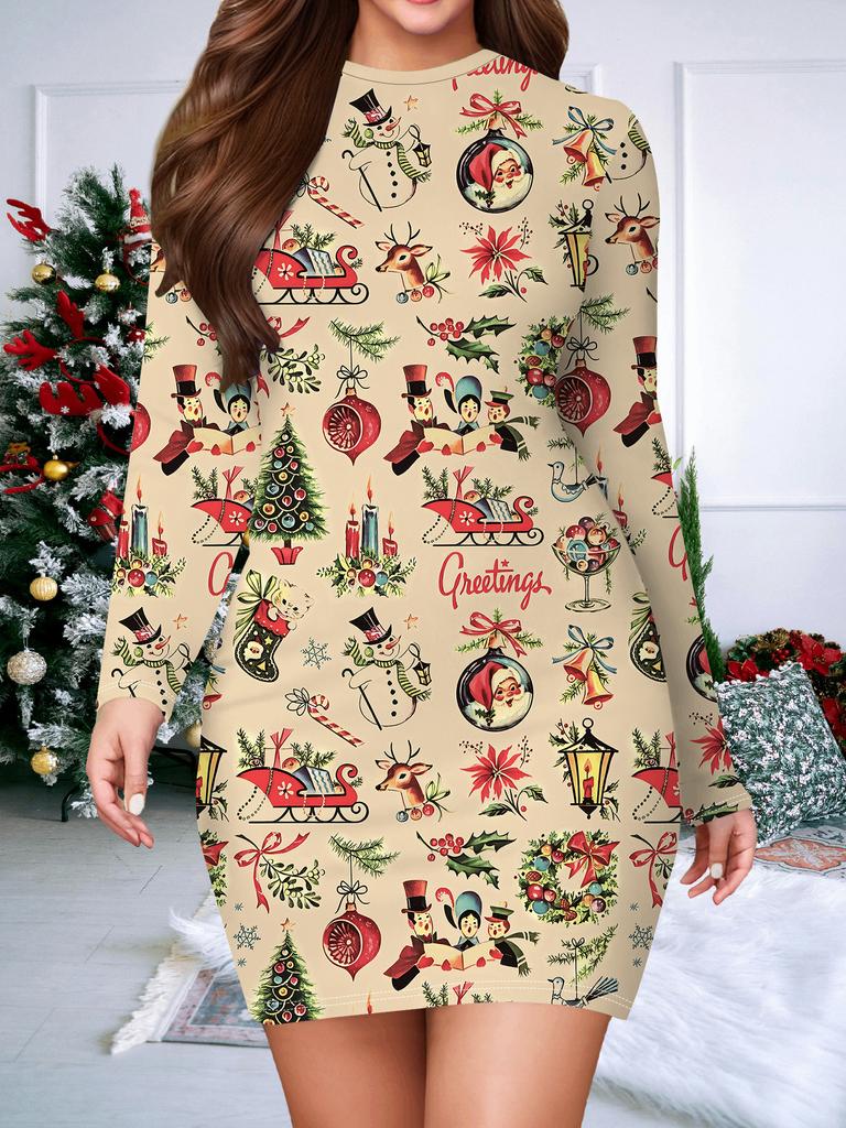 2025 Autumn and Winter New Women's Hip-wrapped Dress,3D Christmas Printing and Dyeing Women's Fashion Long-sleeved Round Neck Sexy Hip-wrapped Dress