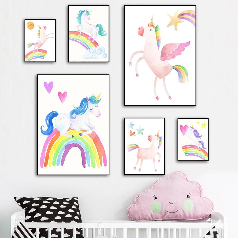 Clouds Rainbow Unicorn Printed Canvas Wall Art Poster Children Kindergarten Art Painting Nordic Pictures Baby Room Decoration No Frame