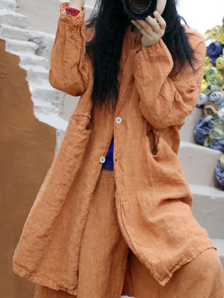 Johnature Women Linen Casual Loose Coats Solid Color Simple Korean Style Long Sleeve Clothes Spring Button Coat