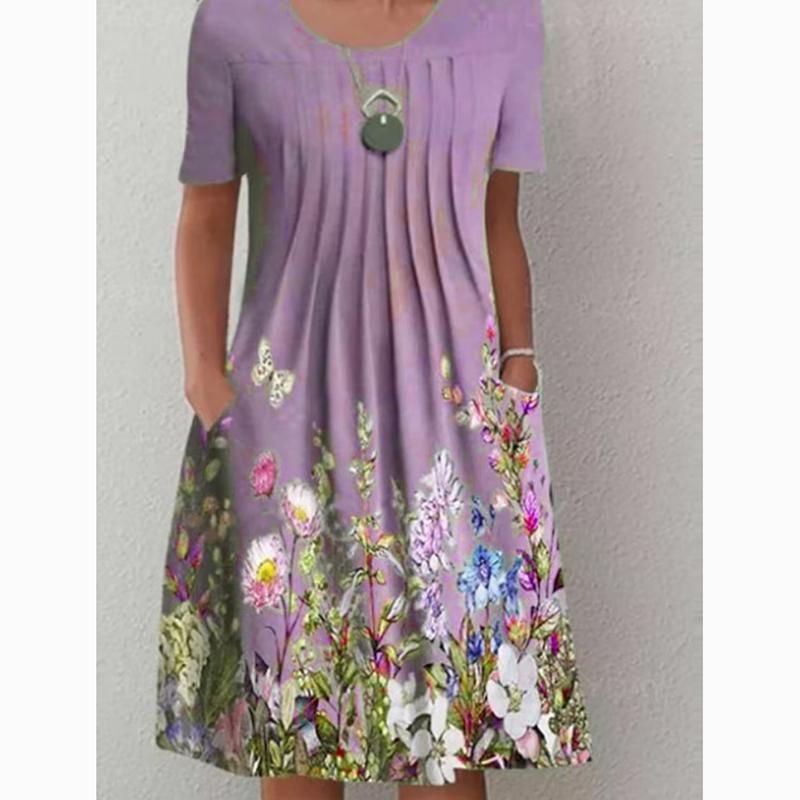 Весенне-летнее повседневное платье больших размеров с цветочным принтом для женщин, элегантное свободное длинное платье трапециевидной формы, женские платья с карманами и круглым вырезом 24063