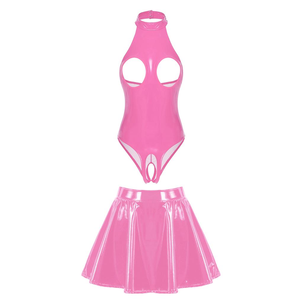 Женское модное нижнее белье из лакированной кожи, обтягивающее боди с открытой чашкой и юбкой, наряды для свадебной ночи