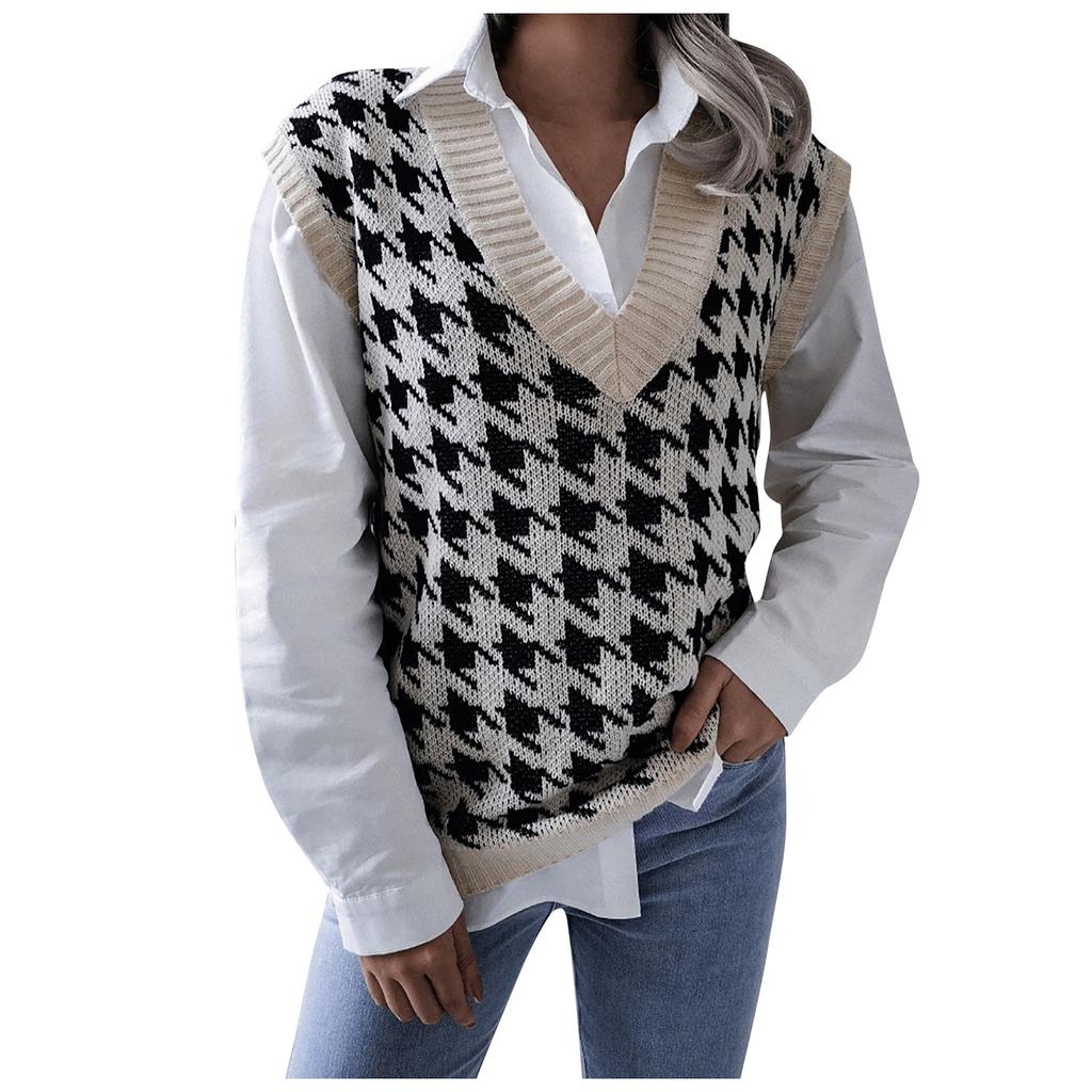 College Style Casual Loose Knit Vest Fashion Women's Houndstooth V-neck Sweater