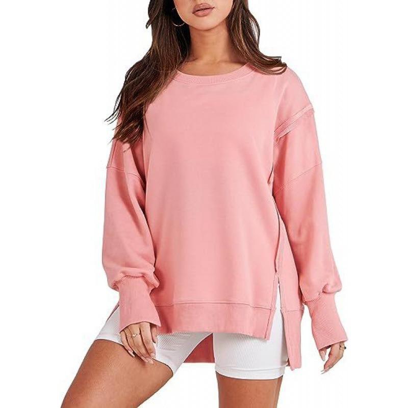 Women S Casual Loose Fit Round Neck Sweatshirt With Asymmetrical Hem And Side Slit