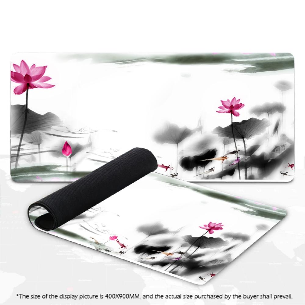 XXL Large Mousepad Chinese Ink Lotus Koi Watercolor Mountain Landscape Deskmat Non Slip Rubber Keyboard Mat Gaming Office Laptop