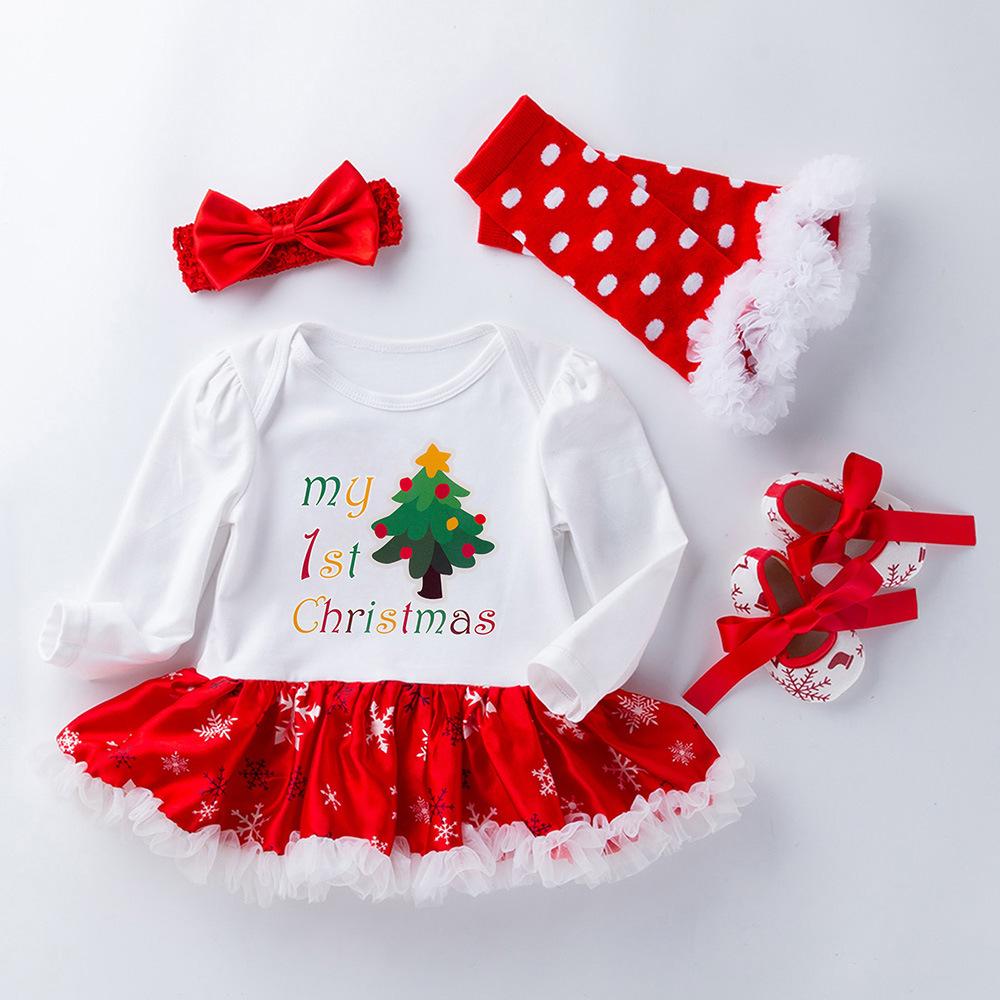 Classical Long Sleeves 4pcs Set New Born Baby Clothing Infant Baby Toddler Christmas Romper Dress