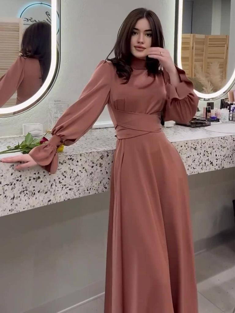 2025 Весна Атласное Элегантное Женское Платье с Длинными Рукавами и Талией