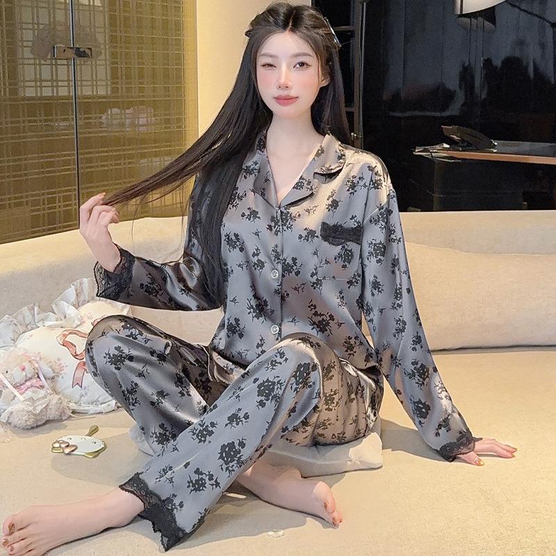 New ice silk pajamas women's spring new long-sleeved trousers high-end small floral loungewear set