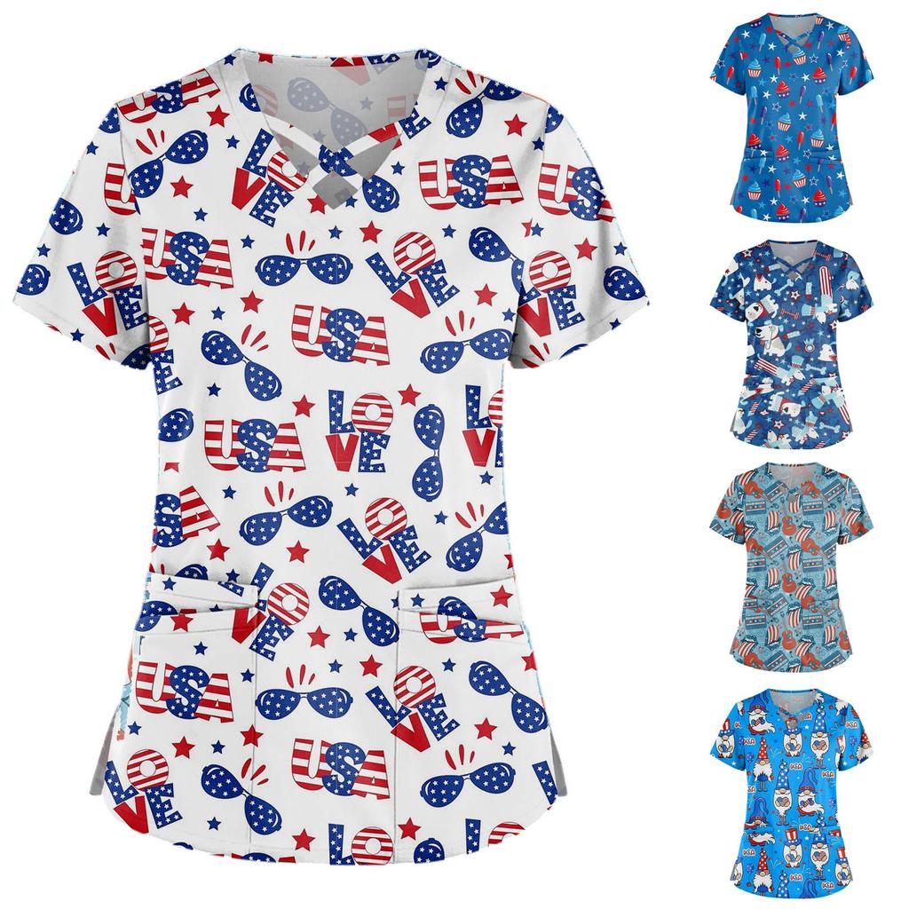 Plus Size Cute Printed Scrub Working Uniform Tops For Women Cross V-Neck Short Sleeve Fun T-Shirts Workwear Tee With Pockets
