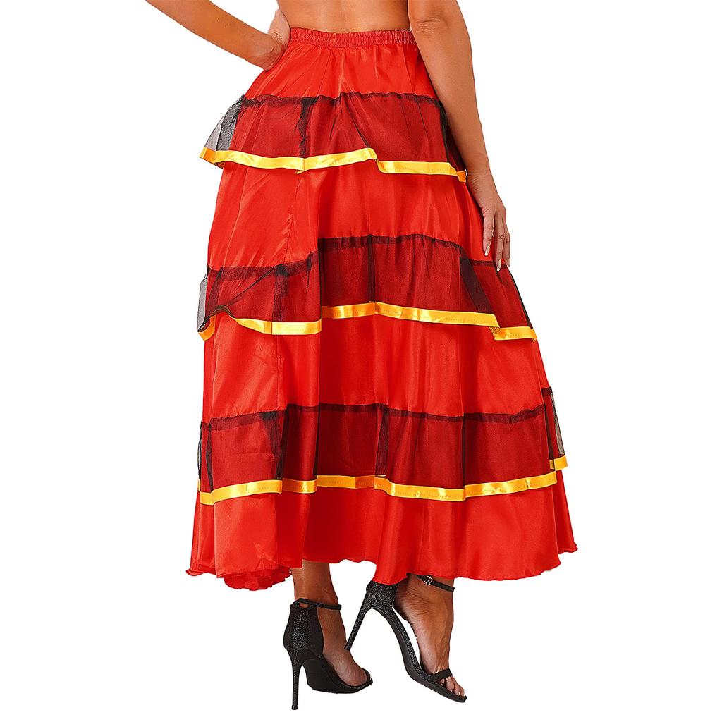 Womens Flamenco Dance Skirt Tiered Ruffles Wide Hemline Ballroom Dancing Skirt Carnival Stage Performance Costume