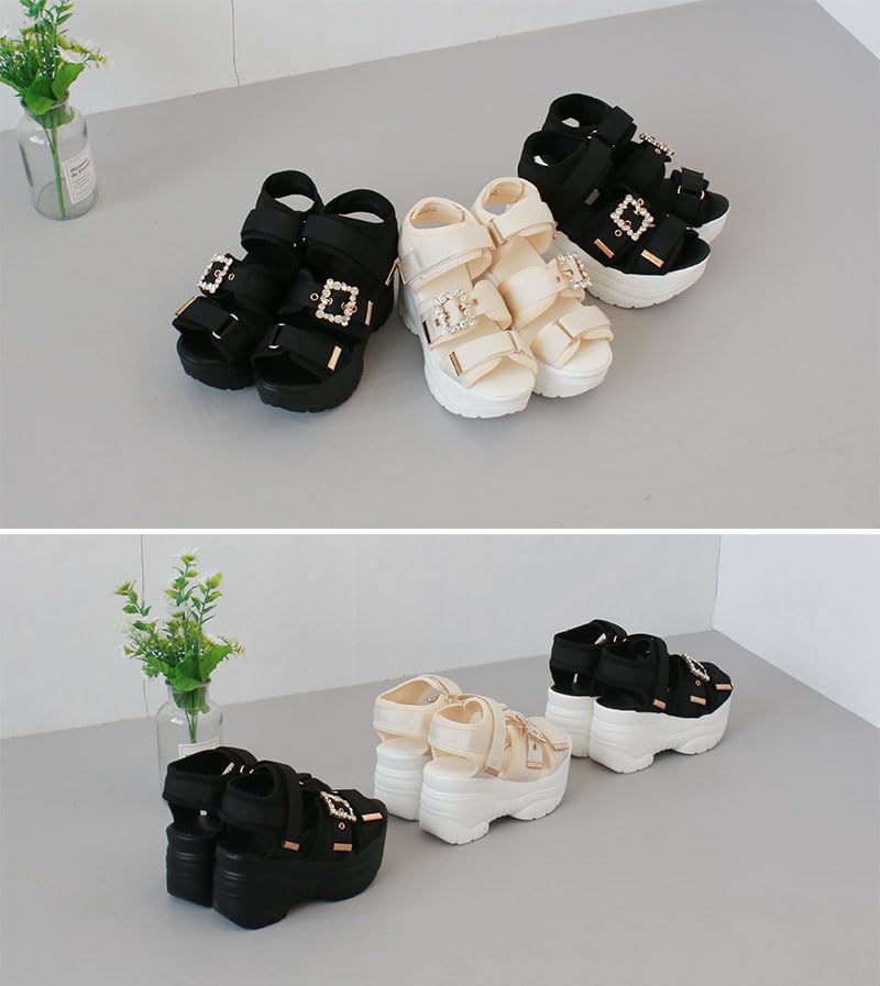 Туфли с пряжкой-драгоценностью, на липучке, с толстой подошвой 9 см, подошва кроссовок, спортивные сандалии, задний ремешок, удобные для ходьбы, высокотехнологичные, папины, аккуратные, простые, корейские, черно-белые, M [Room Nine]