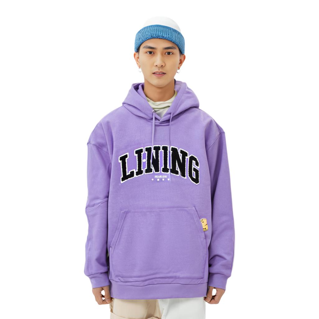Li Ning Letter Print Loose Pullover Hoodie Unisex hoodies Lavender AWDT719-2