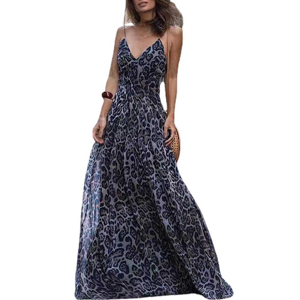 Стильное летнее платье с V-образным вырезом и леопардовым принтом, сексуальное платье-халтер