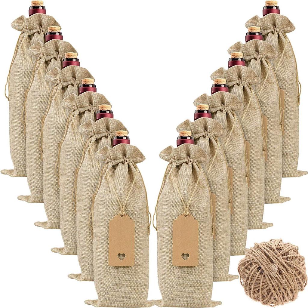 12pc Linen Wine Bag Wine Bottle Cap Wine Bottle Gift Bag With Drawstring Label