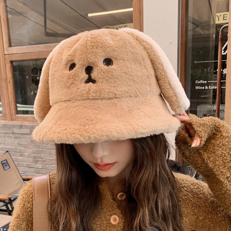 Sweet Cute Rabbit Ears Hat Women's Fashion Plush Bucket Bucket Hat Outdoor Warm Ear Protector