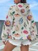Watercolor floral all-over printed hooded sweatshirt for women, retro plant flower drawstring pockets, loose pullover top
