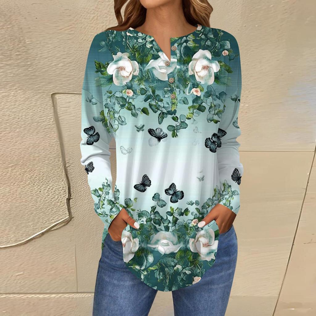 Модная свободная футболка с длинным рукавом и цветочным принтом на пуговицах, топ-пуловер