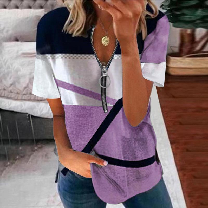 Женская летняя повседневная свободная футболка с коротким рукавом и V-образным вырезом на молнии с принтом