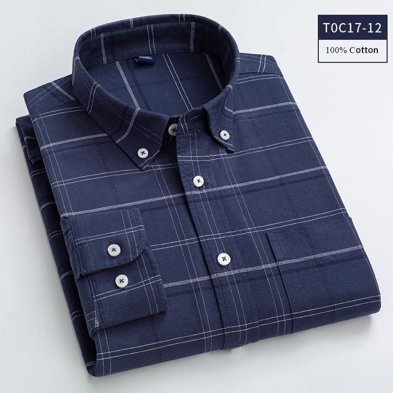 New Cotton Oxford Plaid Shirts Men Casual Spring Autumn Checked Long Sleeve Shirt For Man Iron Free