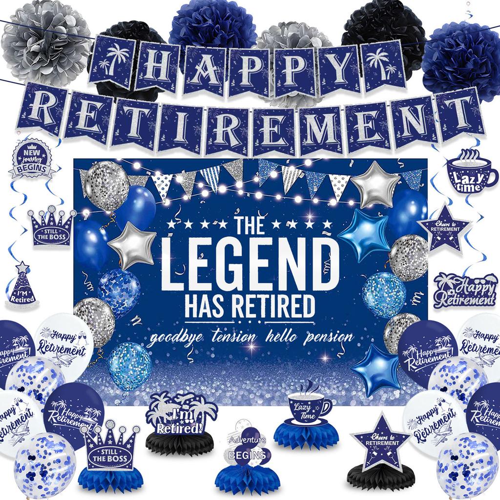 Blue Retirement Party Supplies Decoration Flag Set Blue Retirement Paper Flower Ball Background Arrangement