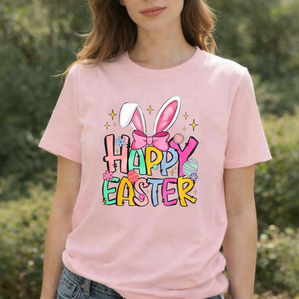 Happy Easter Cartoon Tshirt Bunny Ears Bow With Egg Floral Star Graphic Playful Typography Cute Festive Regular Short Sleeve