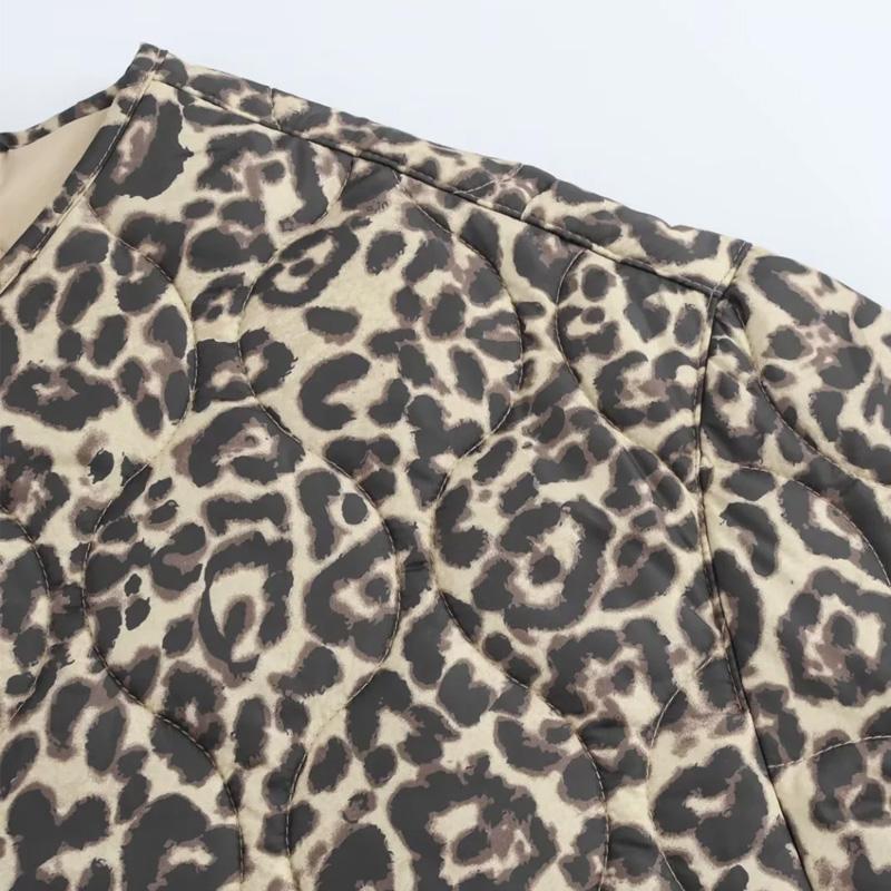 Parkas Leopard Print Quilted Jacket Women Vintage Long Sleeve Padding Warm Winter Woman Coat Zip Up Short Padded Jacket