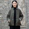 Johnature Women Solid Color Ramie Stand Cotton Clothing Button Pocket Long Sleeve Coats Winter Chinese Style Coat
