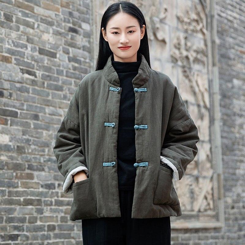 Johnature Women Solid Color Ramie Stand Cotton Clothing Button Pocket Long Sleeve Coats Winter Chinese Style Coat