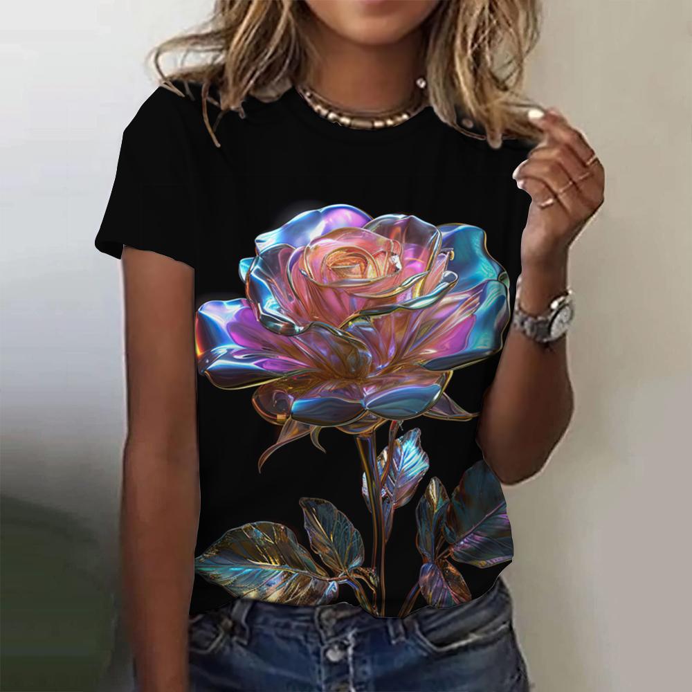 Летние футболки с 3D-принтом Crystal Flower для женщин, повседневная мода Y2k, футболка с коротким рукавом, футболки с круглым вырезом, топы, одежда