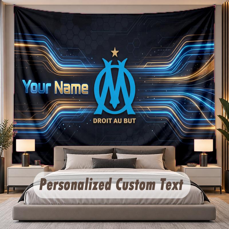 Custom Name Text Tapestry Olympique Marseille FC Personalized Polyester Wall Tapestry For Bedroom And Room