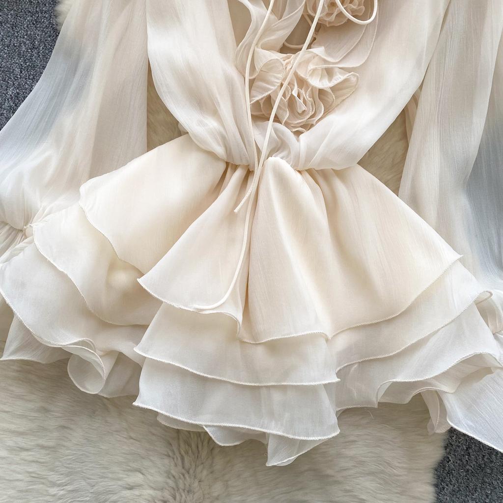 Sweet Pink 3D Floral Beach Short Dress Female Long Sleeves Lace Up Ruffle Chiffon Cake Sundress Sheer Sexy Vintage Bohemian Dress