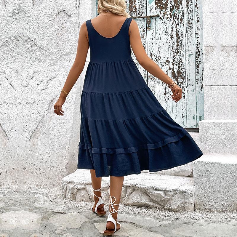 Летнее платье без рукавов с разрезом и однотонной расцветкой для женщин, новинка 2025 года