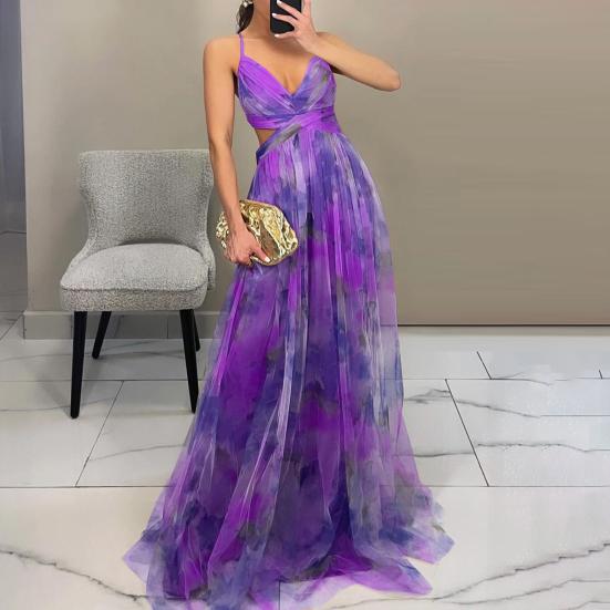 Women's Spaghetti Strap Maxi Dress Floral Boho Deep V-Neck Hollow Out Mesh Pleated Dress Summer Beach Party Swing Long Dress