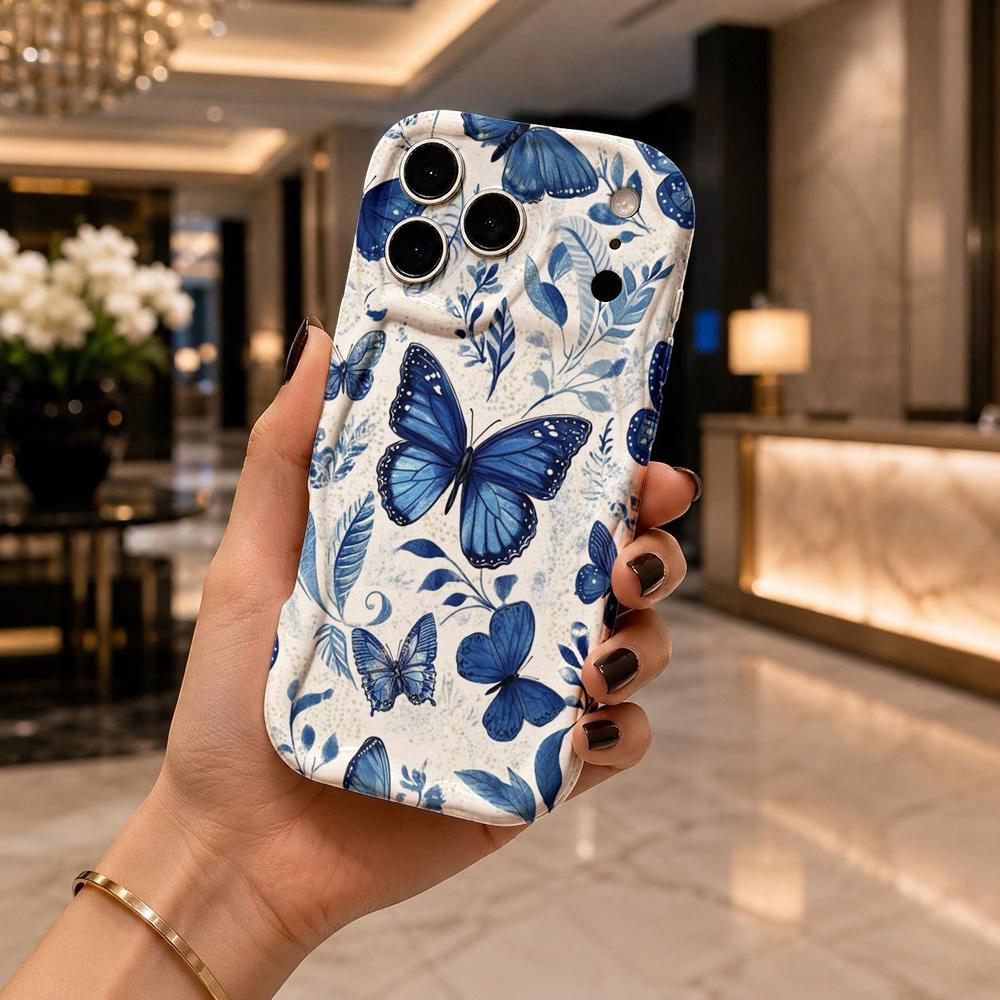 Wavy Edge Phone Case For iPhone 16 15 14 Pro Max 13 12 Mini 11 XR XS SE Blue Ink Butterfly Oriental Art Cover