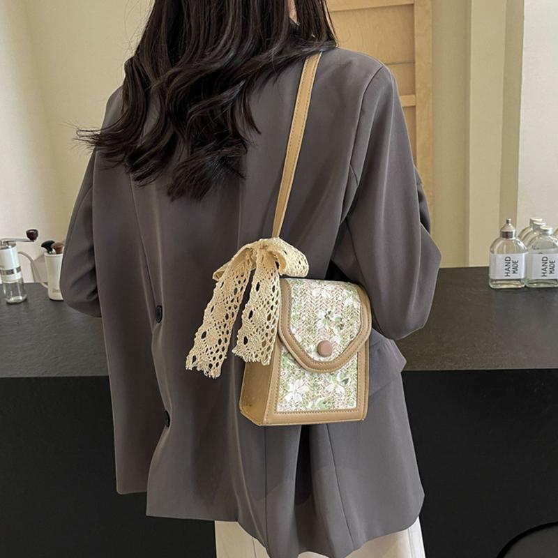 Women Fashion Ladies Bag Simple Floral Straw Messenger Bag Lightweight Crossbody Bag for Summer Beach Holiday AVE