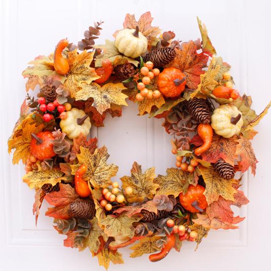 18 Inch Fall Wreath for Front Door Autumn Artificial Wreath with Pumpkin Maple Leaves Berries Pine Cones for Thanksgiving
