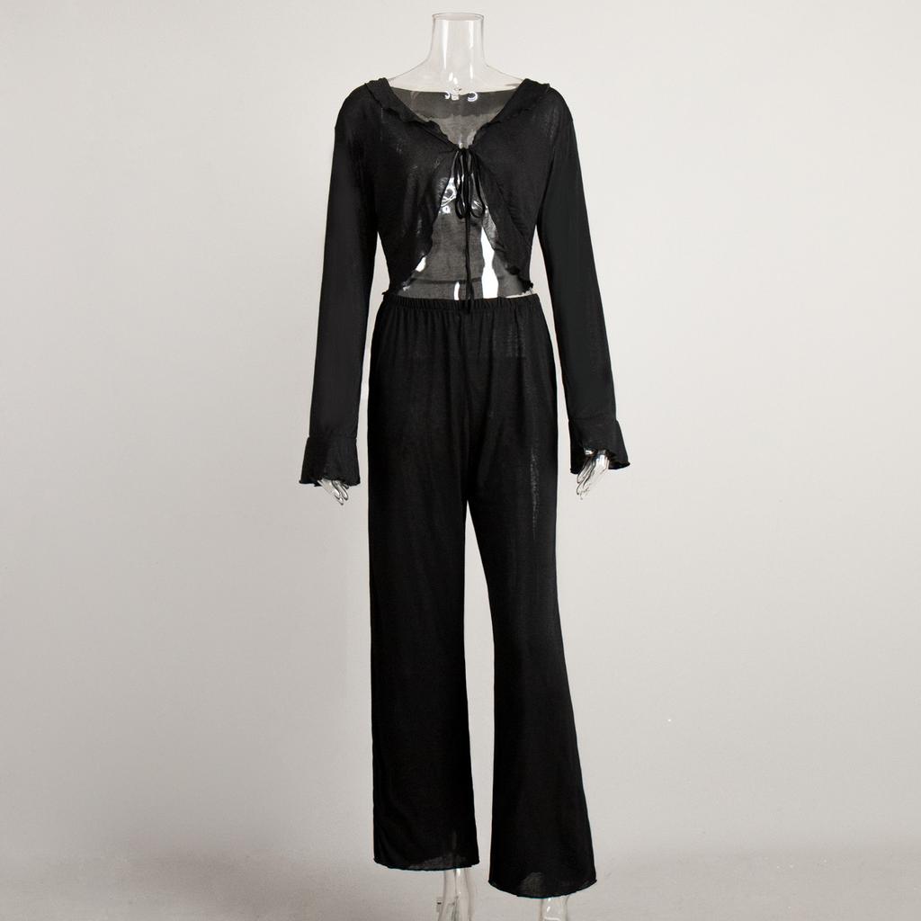 Women's 2 Piece Outfits Pajama Sets Long Sleeve Lounge Sets Pjs Sleepwear Sexy Drawstring Crop Tops and Soft Wide Leg Pants Slouchy Set for Women