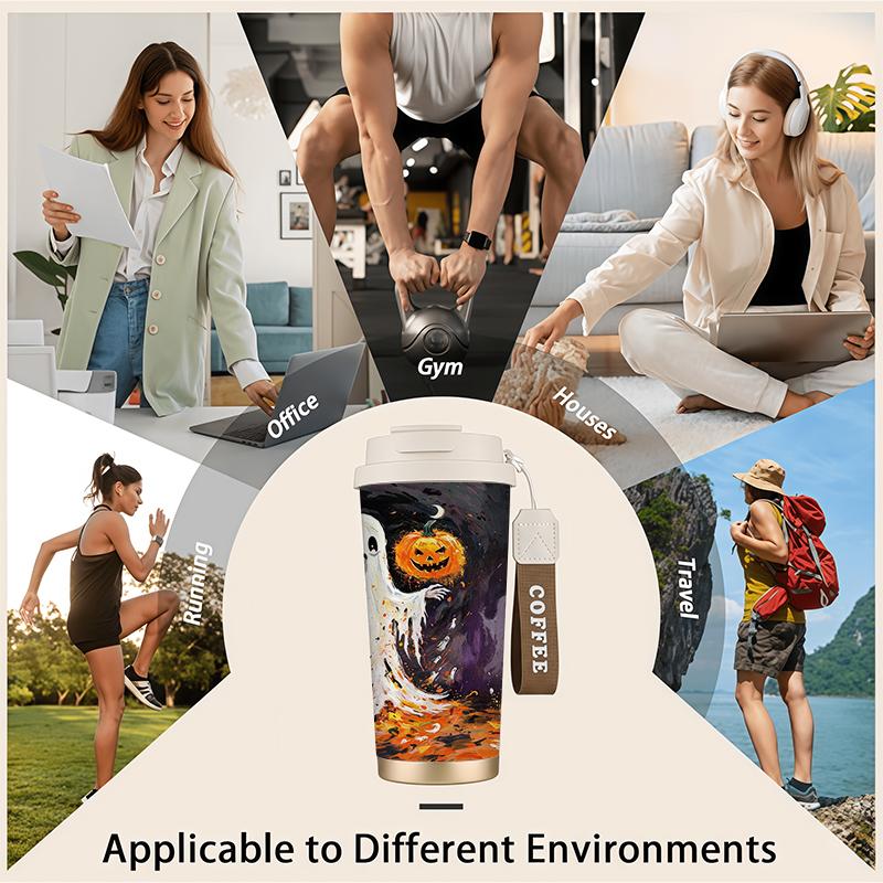 Halloween Coffee Cup 532ml Ink Ghost Pumpkin MotifFlip Lid Coffee Cup Outdoor Water Cup Large Capacity Tea Cup