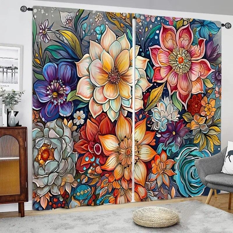 2 панели, красочные цветочные принты, модные шторы в стиле бохо, карманные полузатемненные оконные шторы для гостиной, оконные шторы