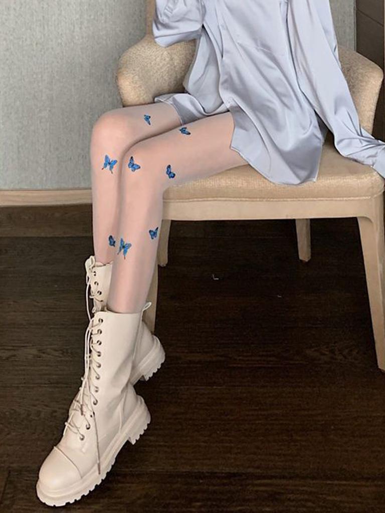 1 шт. Новые синие бабочки Шелковые колготки Женские Сексуальные Черные Кожаные Ультратонкие Колготки JK Лолита Колготки