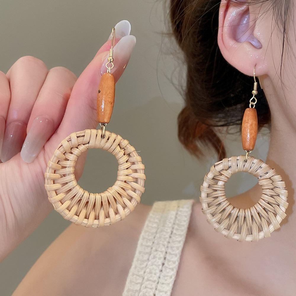 Round Rattan Weave Earrings Flower Beach Jewelry Cute Bohemian Drop Earrings Wedding