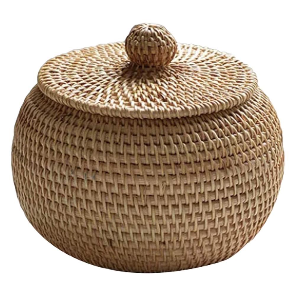 Wicker Storage Basket With Lid Round Fruit Basket Natural Rattan Lightweight Hand-Woven Storage Basket Home Sundries Snack Box