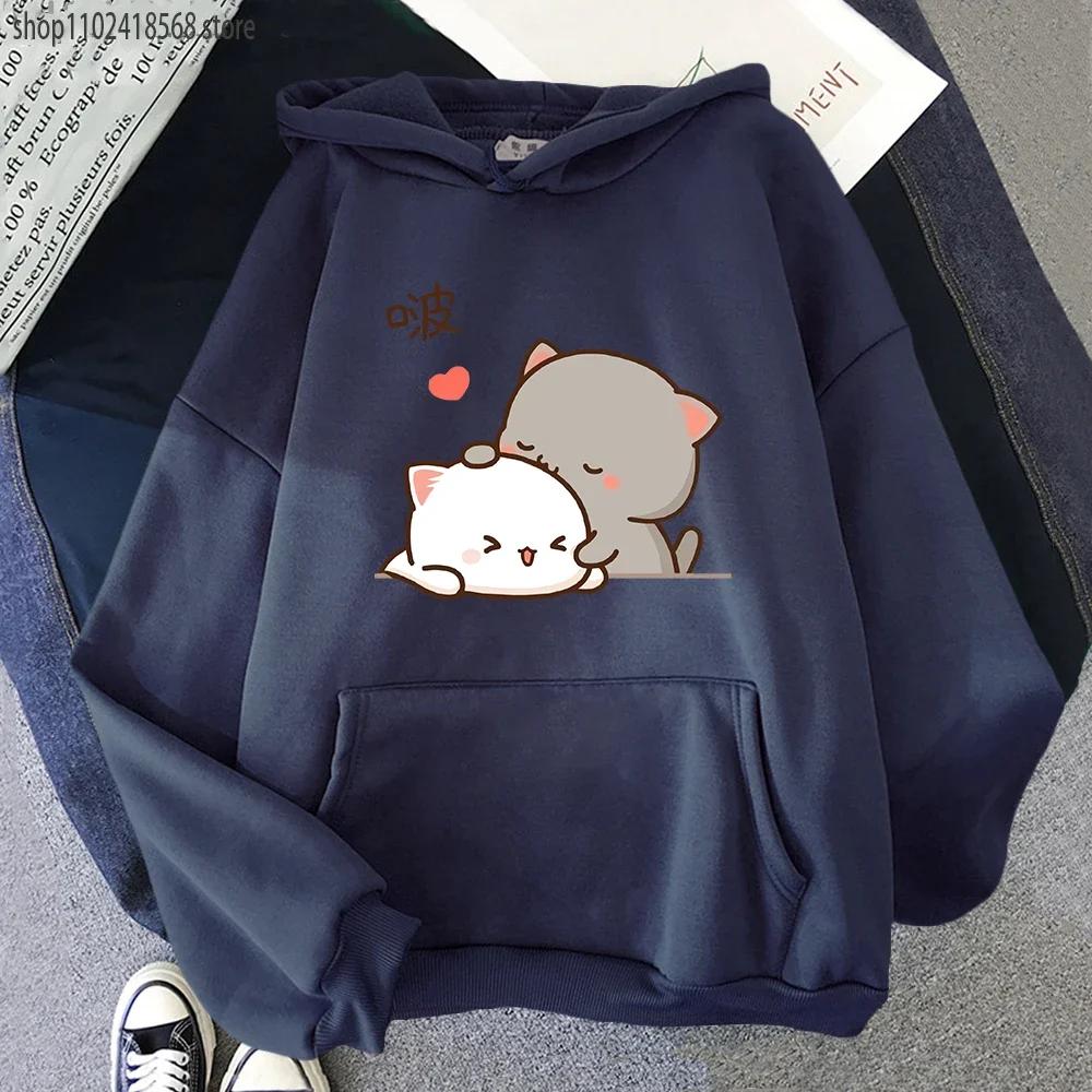 Персиковые кошачьи худи Кавайная одежда Эстетичные милые розовые топы Оверсайз толстовки с мультяшным принтом Женские теплые уличные мужские